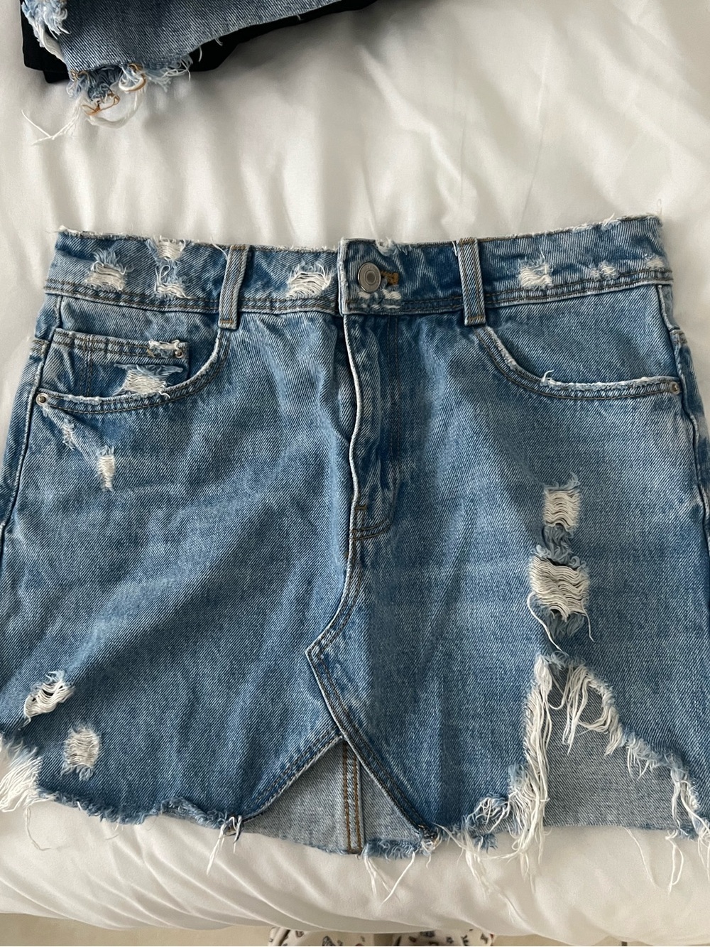 True Religion Distressed Light Blue Denim Mini Skirt